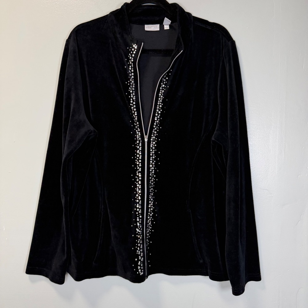 Zenergy‎ by Chicos Black Velour Rhinestone Zip Up Jacket Womens Size XL